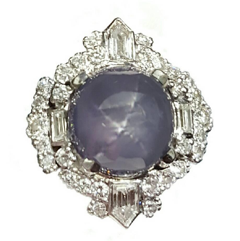 Large 1950's Platinum Star Sapphire and Diamond Ring 