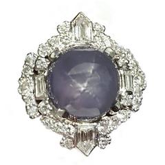 Large 1950's Platinum Star Sapphire and Diamond Ring 