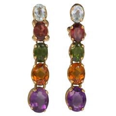 Vintage Gold and Multi Colored Gem Stone Dangle Earrings