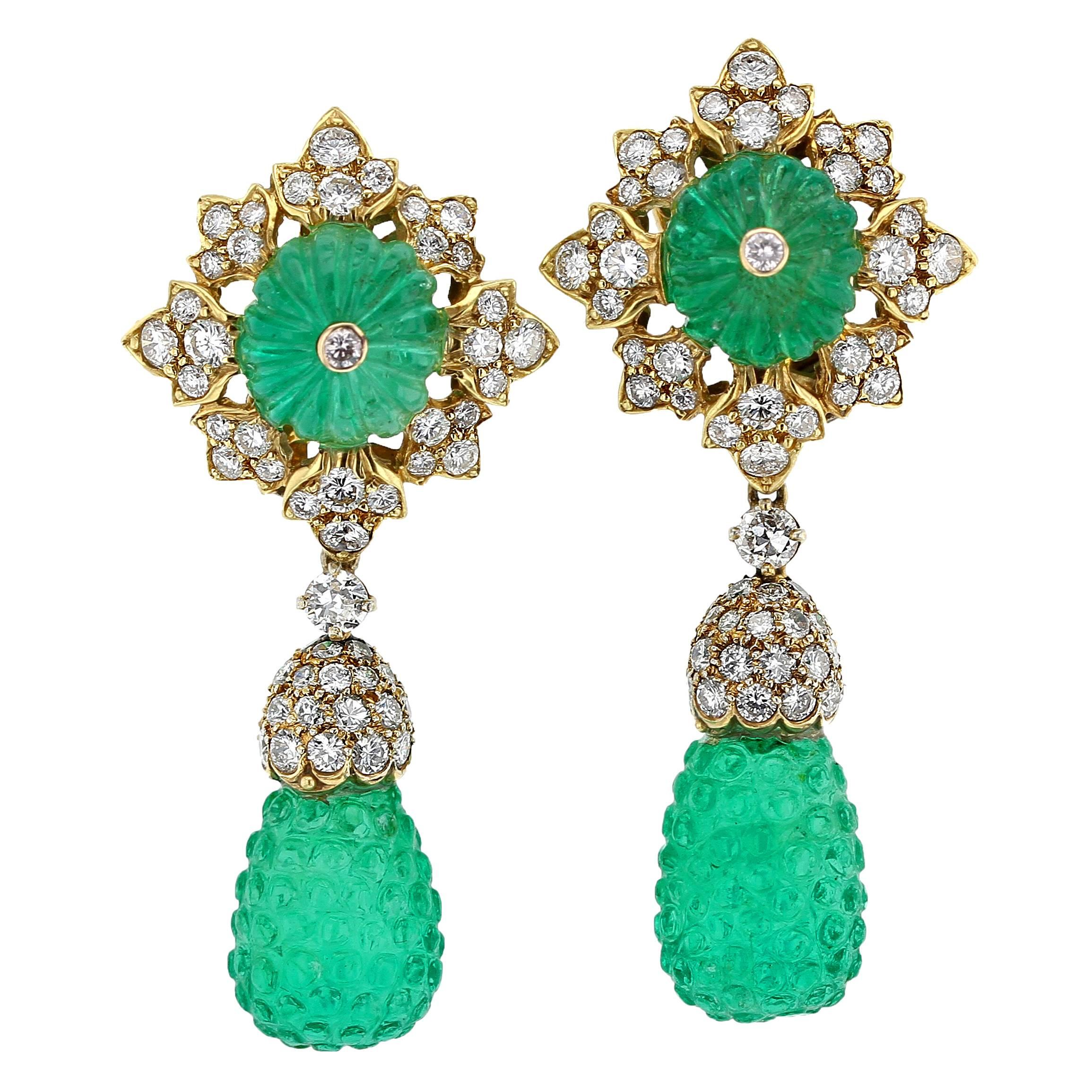 Carved Emerald Diamond Gold Drop Earrings For Sale