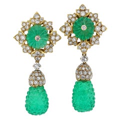 Vintage Carved Emerald Diamond Gold Drop Earrings
