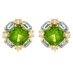 Octagon Peridot with Aquamarine and Diamond Earrings 6