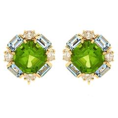 Octagon Peridot with Aquamarine and Diamond Earrings