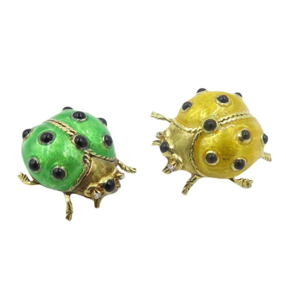A Pair of Enamel and Gold Lady Bug Brooches.