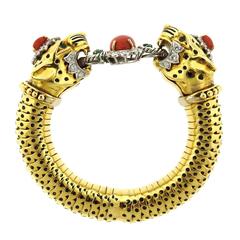 Impressive Coral Emerald Diamond Gold Leopard Bracelet