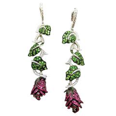 Ruby Tsavorite Diamond White Gold Rose and Leaf Earrings 10