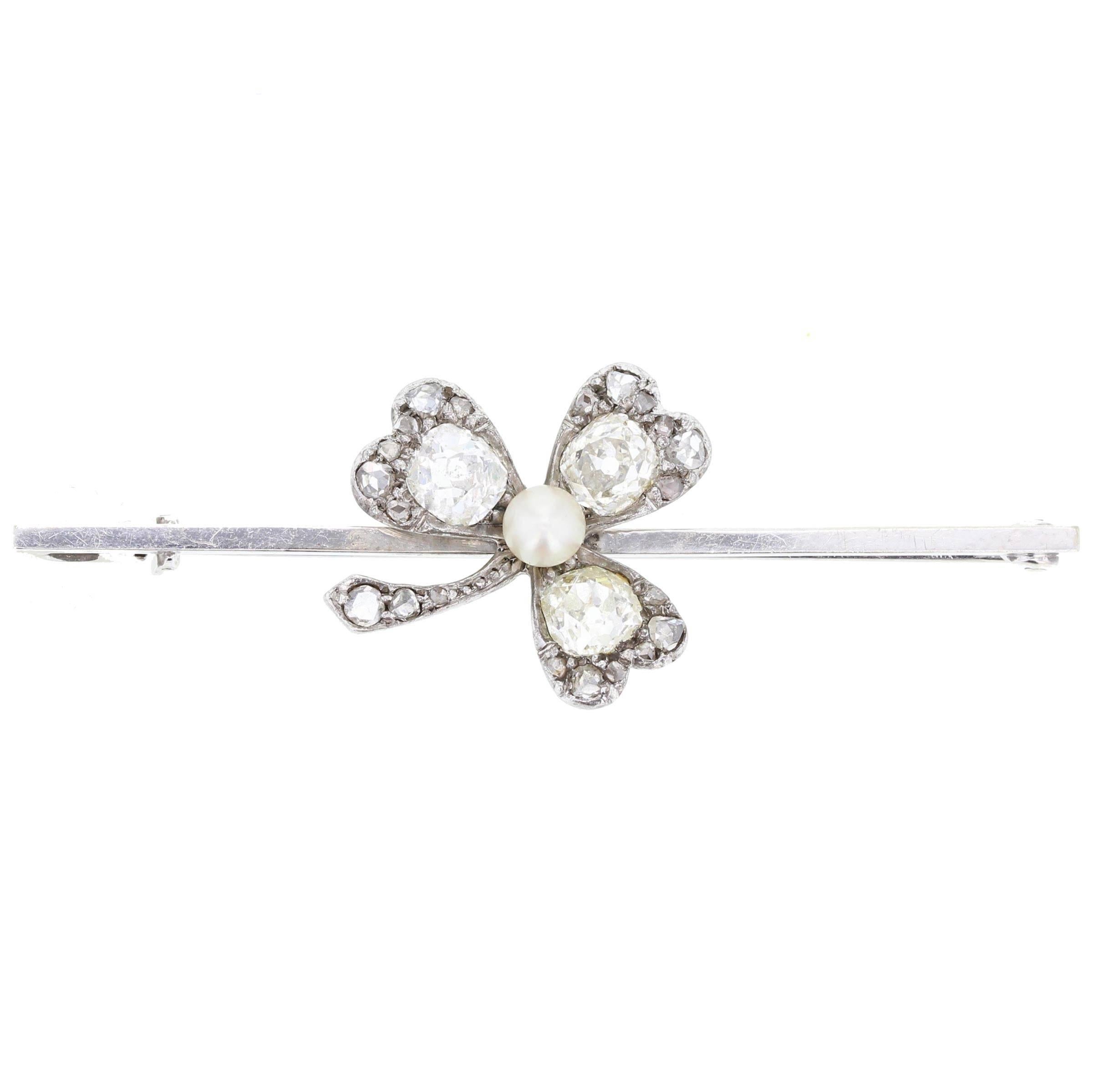 Antique Pearl Diamond Clover Bar Brooch For Sale