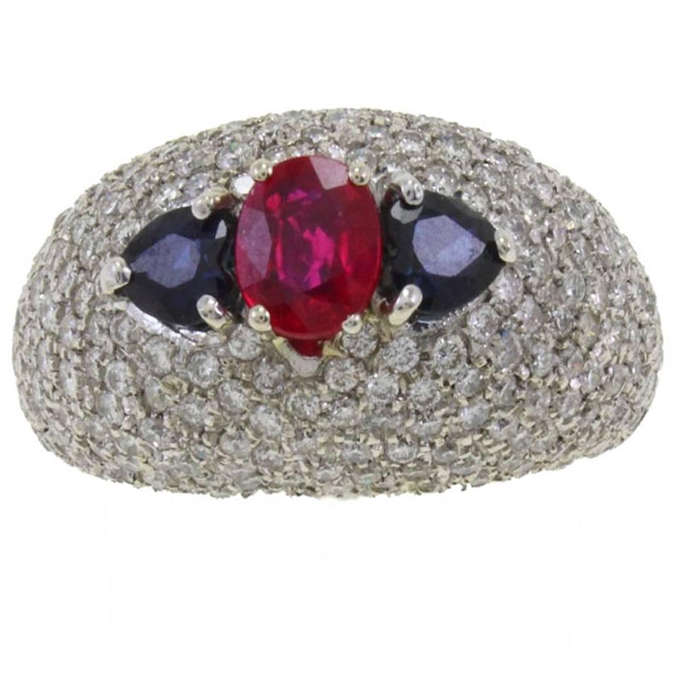 3.20 ct Diamonds, 2.15 ct Central Ruby and Blue Sapphires, White Gold Dome Ring
