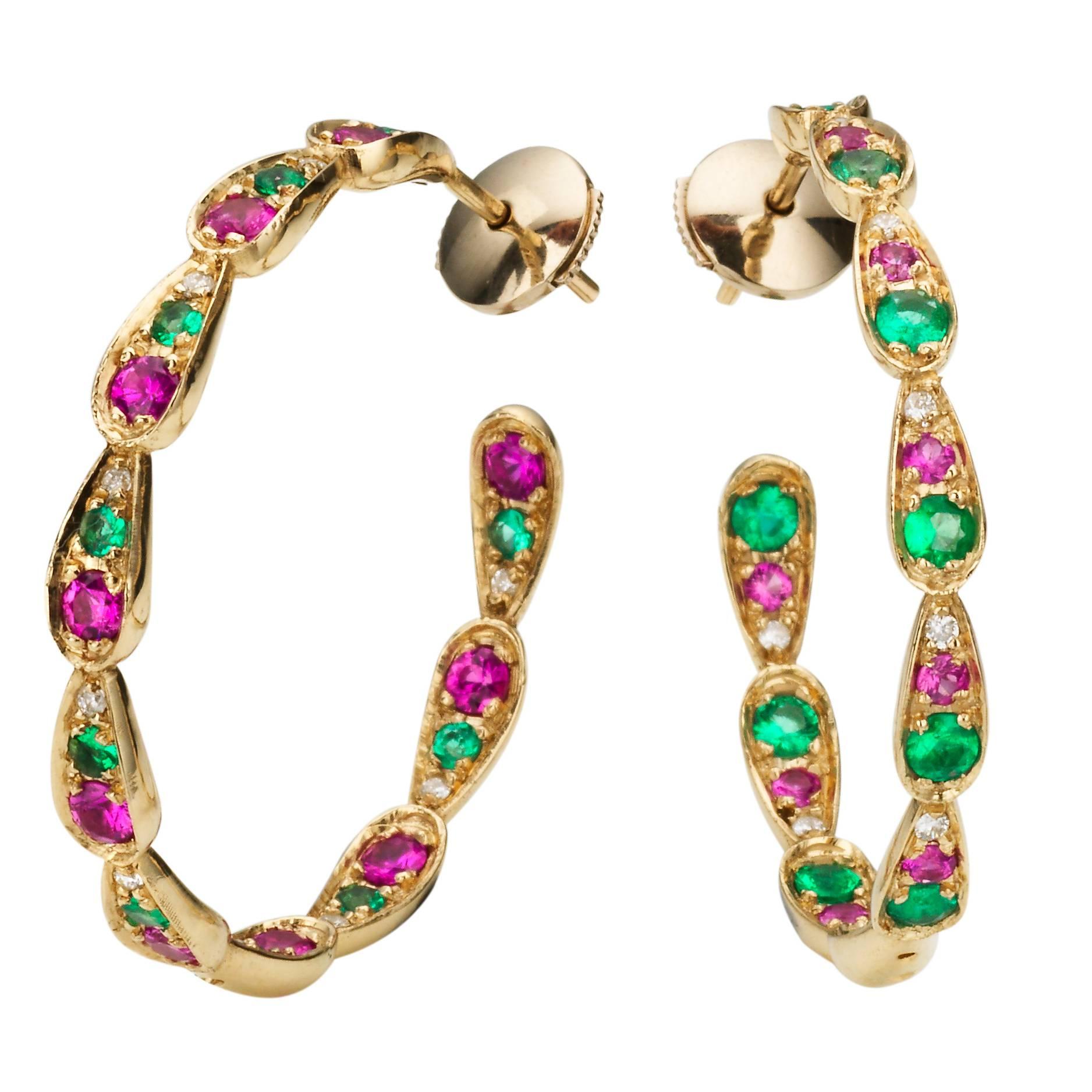 Sabine Getty 18kt Gold Harlequin Hoop Earrings with Diamond, Sapphire & Emerald For Sale