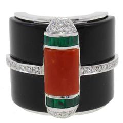 Luise Onyx Diamond Coral Emerald Gold Ring 6