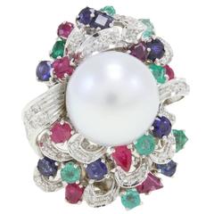 Vintage Luise Australian Pearl Emerald Ruby Sapphire Diamond Gold Ring