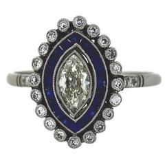 Art Deco Marquise Cut Diamond and Sapphire  Platinum Ring