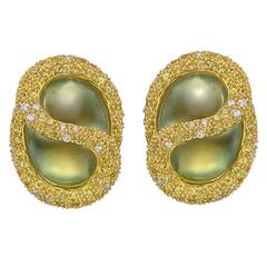 Green Moonstone, Diamond and Yellow Sapphire Earrings