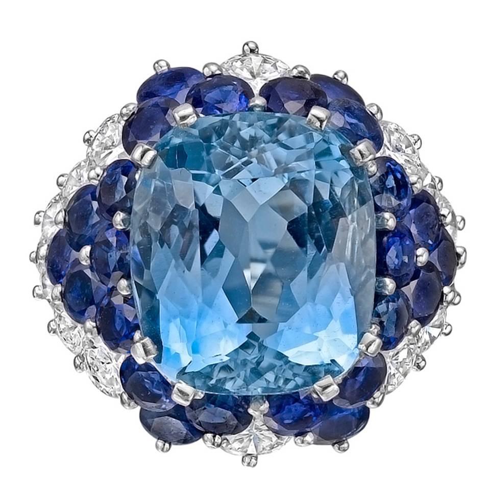 Aquamarine, Sapphire and Diamond Cocktail Ring