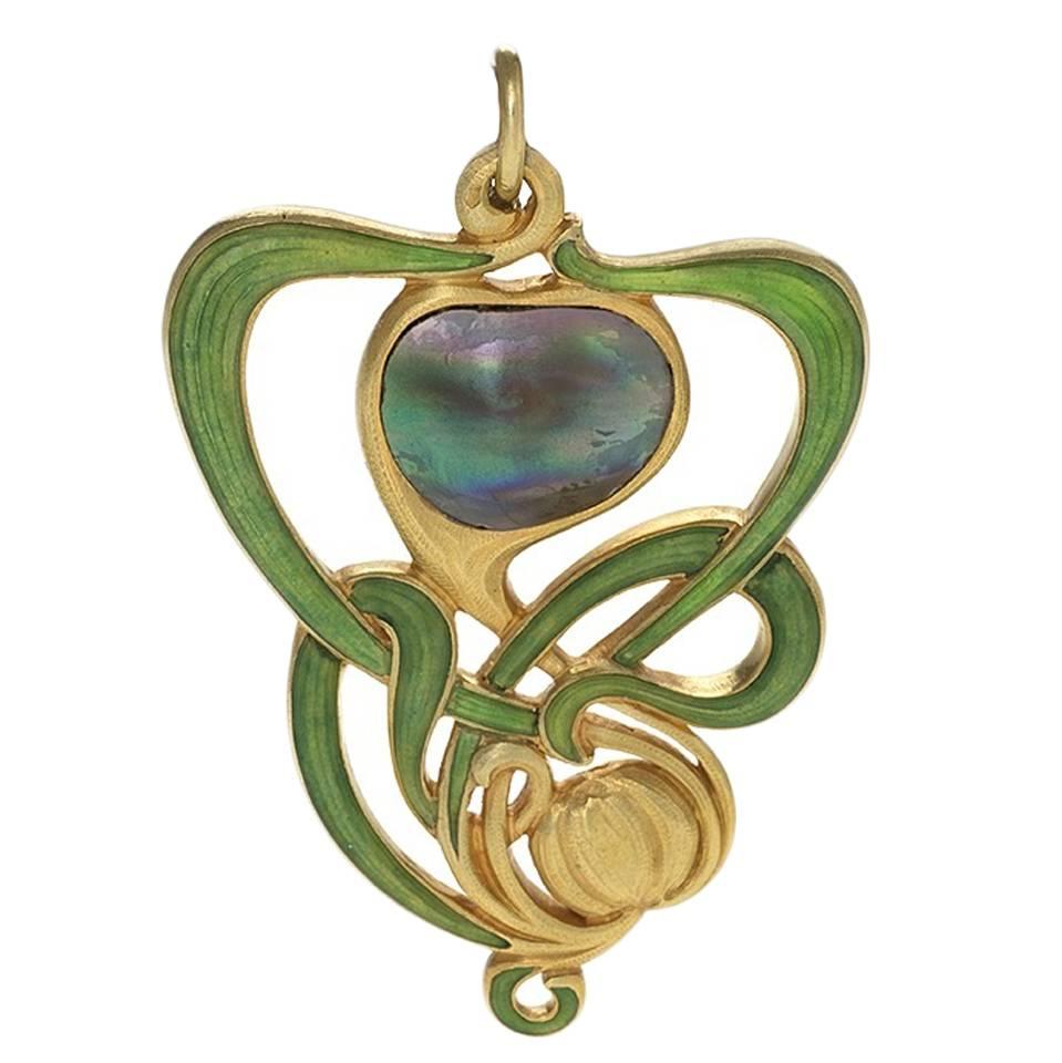 Edward Colonna French Art Nouveau Abalone Pearl, Enamel and Gold Pendant
