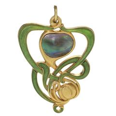 Antique Edward Colonna French Art Nouveau Abalone Pearl, Enamel and Gold Pendant