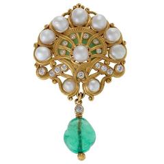 Marcus & Co. Art Nouveau Pearl, Diamond and Emerald Brooch 9