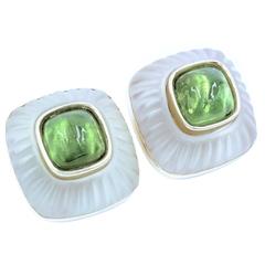 Vintage Whimsical Hand Carved Rock Crystal  Vivid Green Peridot Ear Clips