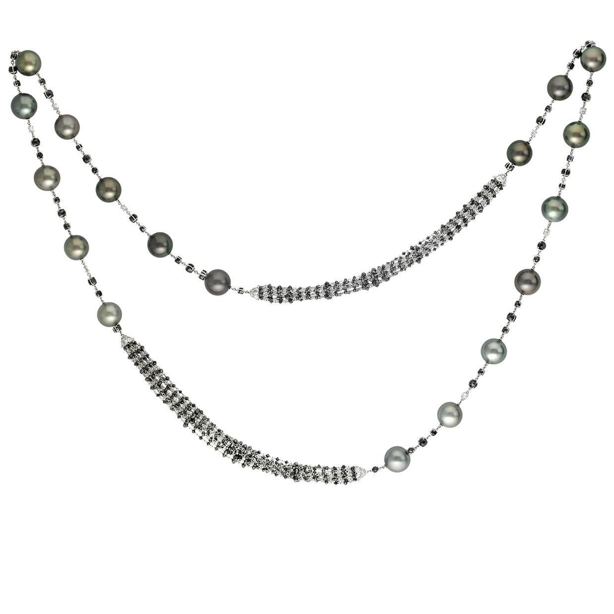 Missbach Transformer Necklace, Tahitian Pearls, Black and White Diamonds For Sale