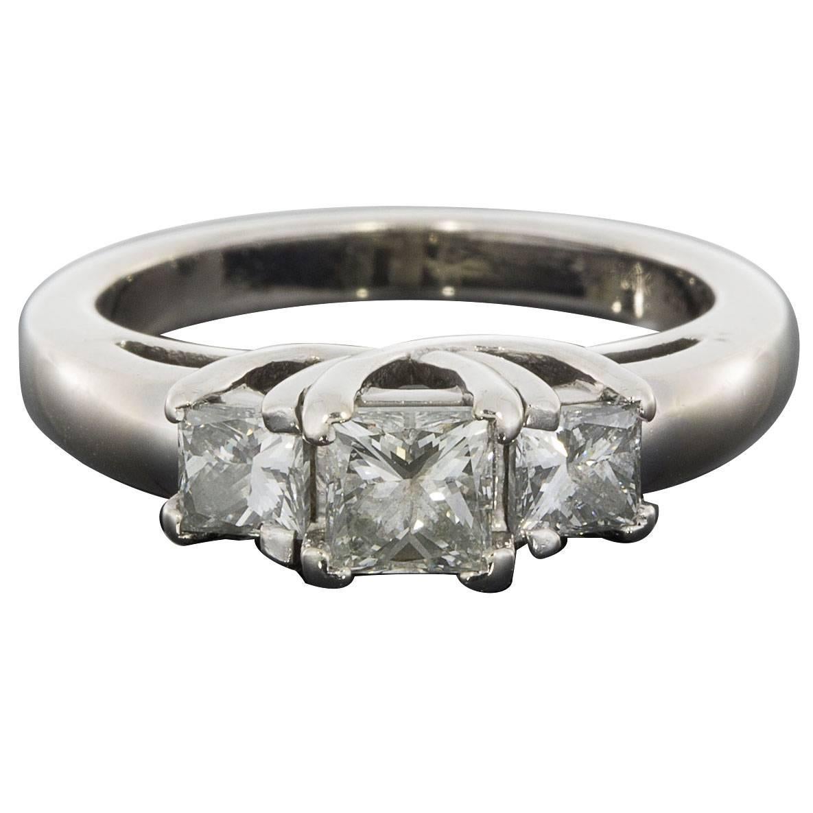 White Gold Princess Diamond Three-Stone Trellis Engagement Ring