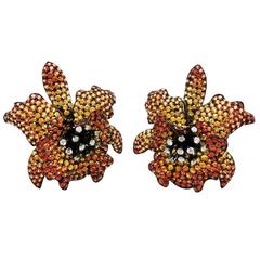 Yellow Orange Sapphire Diamond Gold Orchid Stud Earrings 1