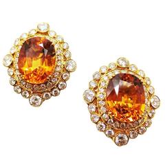 7.69 and 7.59 Carat Cushion Cut Yellow Sapphire Diamond Gold Cluster Earrings 9