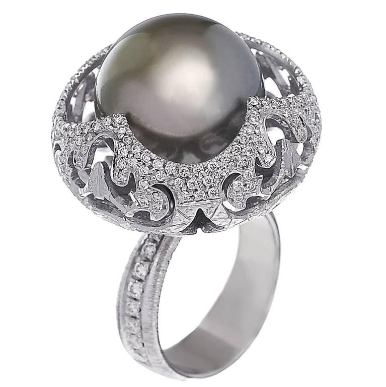Missbach Pizzo Diamond Pearl Gold Cocktail Ring For Sale at 1stDibs