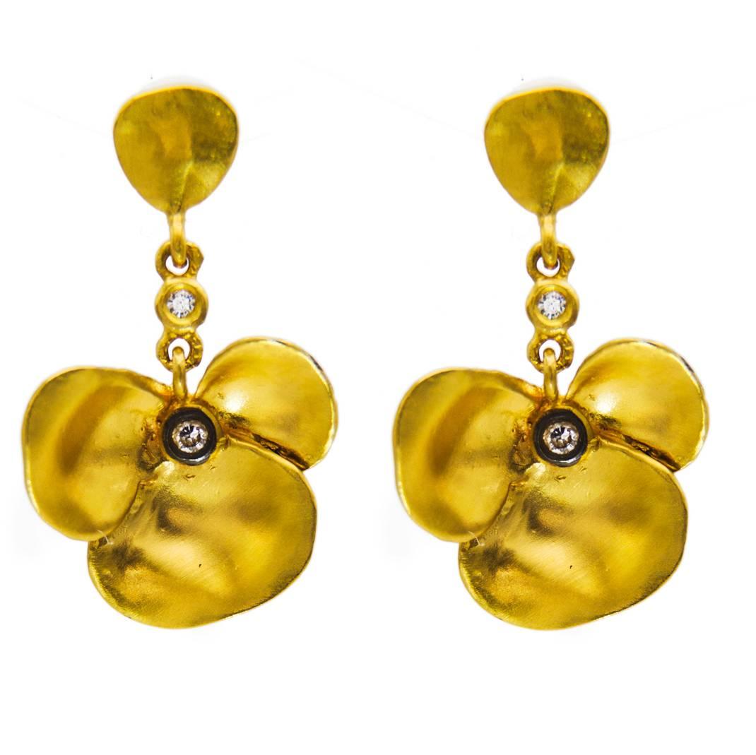 Gold Vermeil Satin Finish Flower Design Post Back Earrings with 4 Diamonds. 