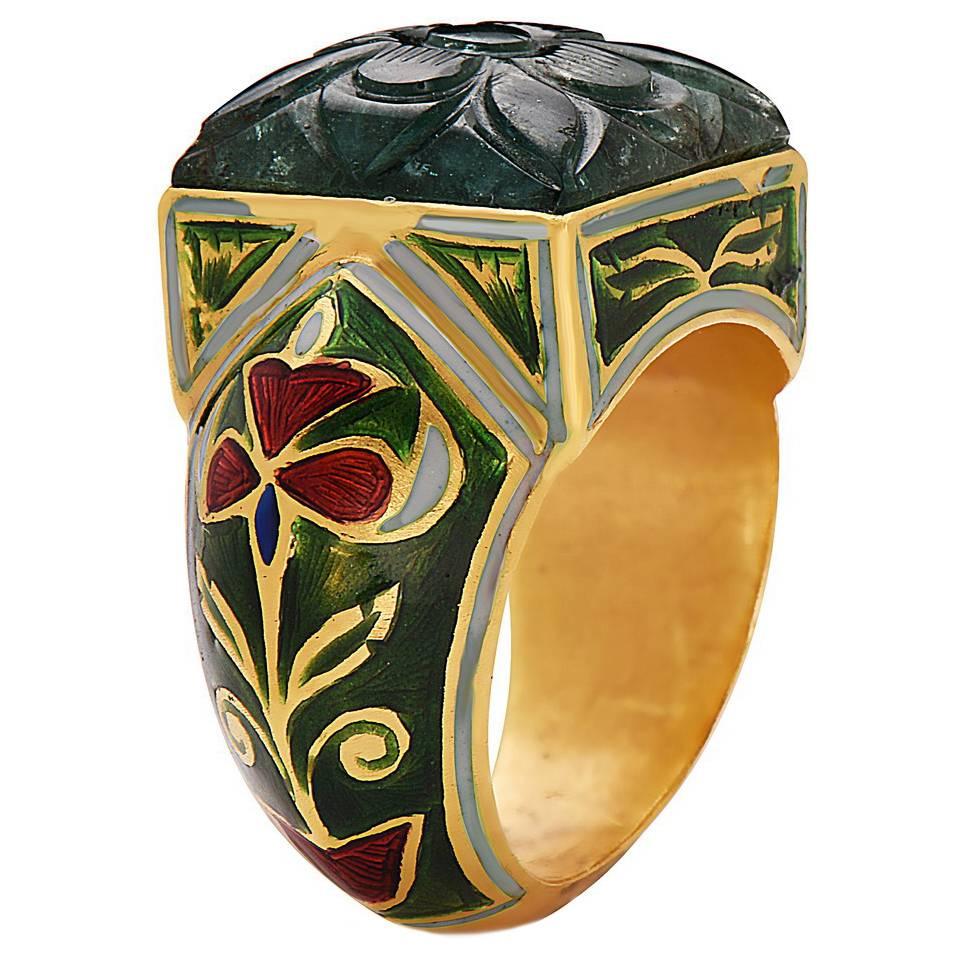 Carved Emerald Ring With Enamel Floral Motif Made In 22k Gold