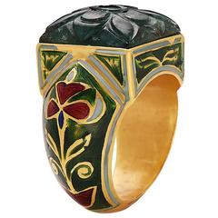 Carved Emerald and Enamel Ring 7