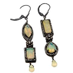 Large Ethiopian Opal and Diamond Earrings in Oxidized Sterling Silver