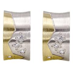 White and Yellow Gold Floral Huggies with Diamonds 