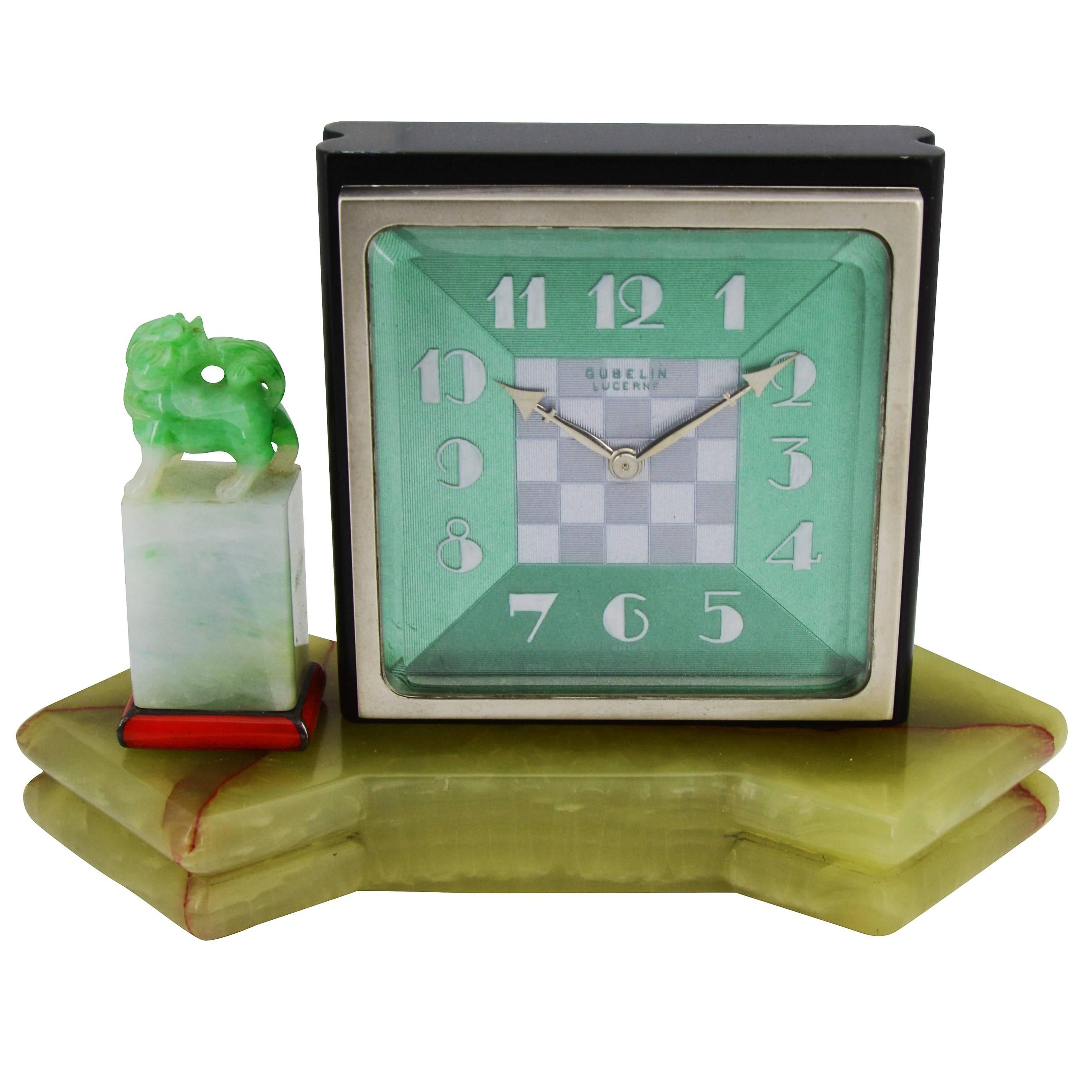 1930s E. Gubelin Art Deco Desk Clock in the Asian Chinese Style