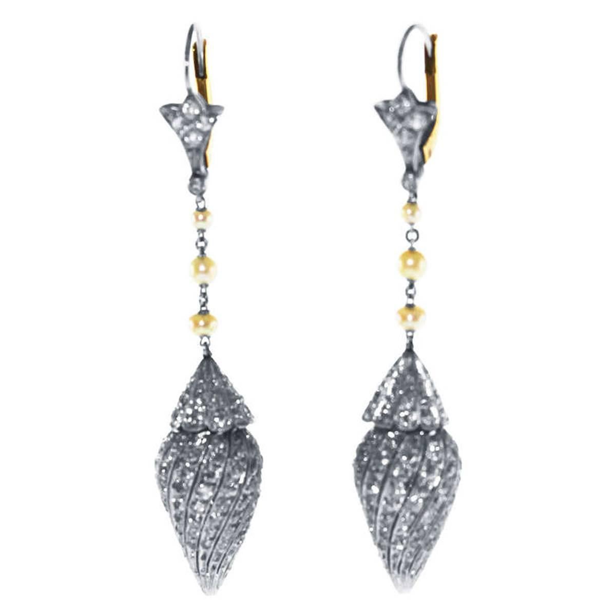 Edwardian Style Pearl Diamond Platinum Pendant Earrings