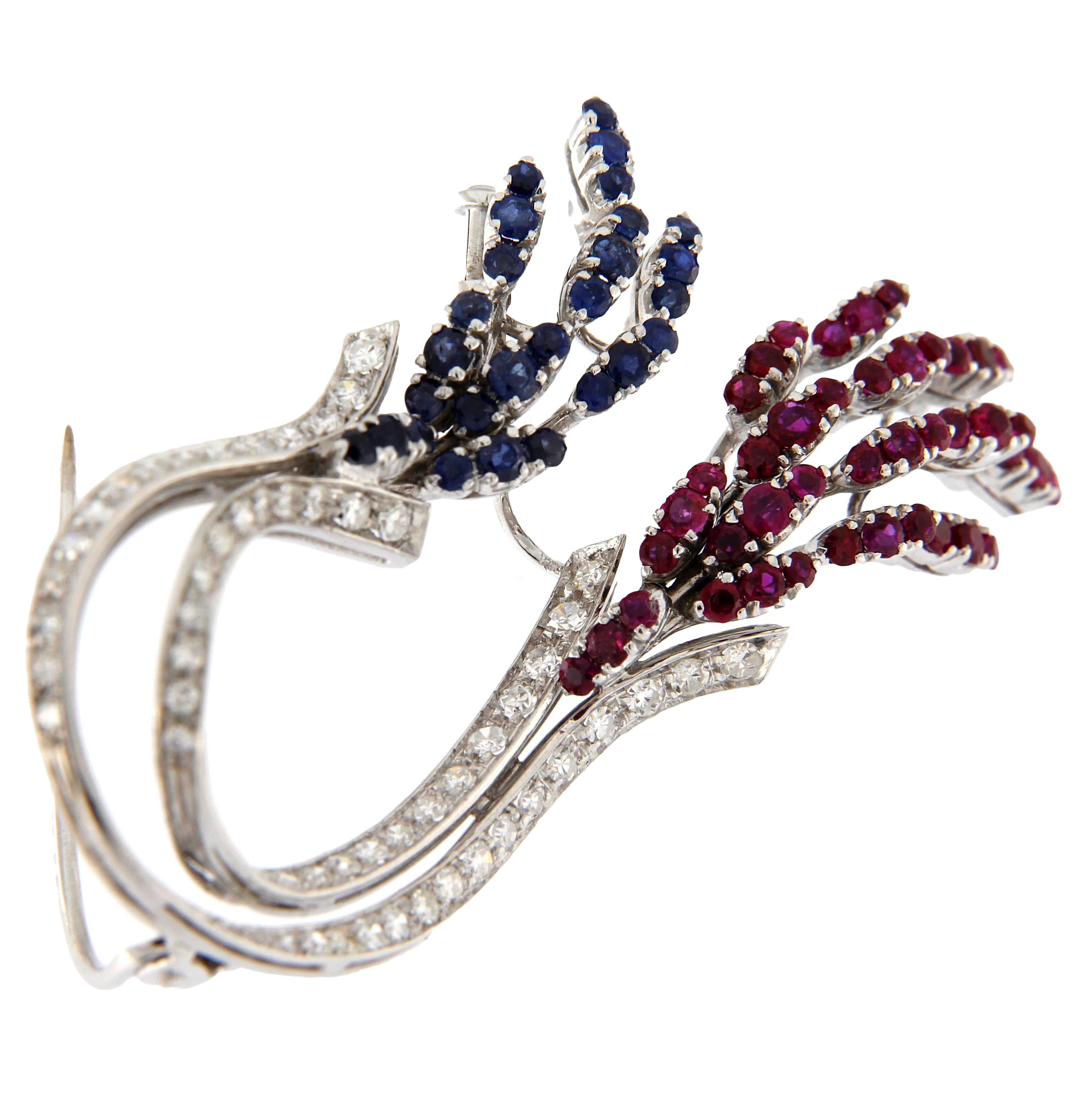 1960s ruby sapphire and diamond brooche For Sale