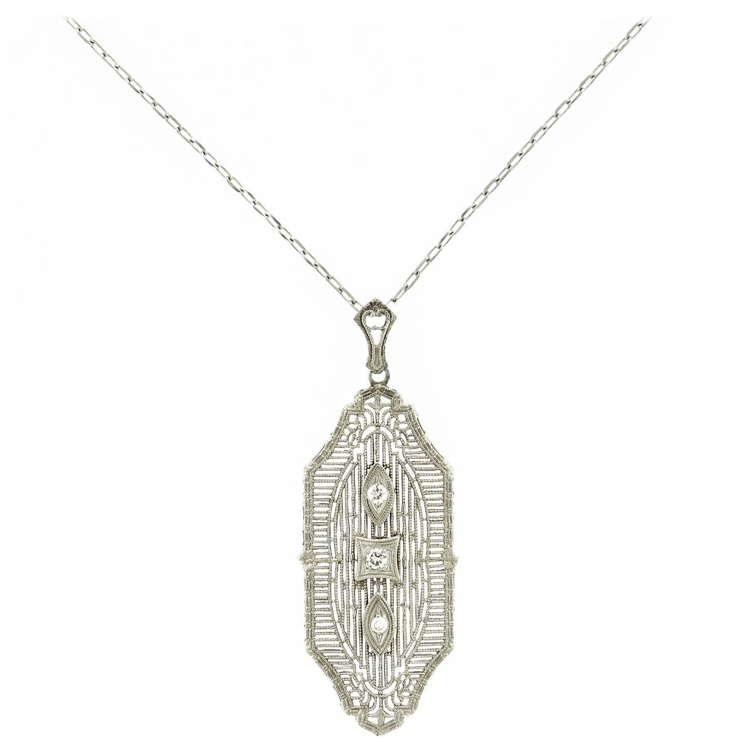 Art Deco Filigree Diamond White Gold Pendant
