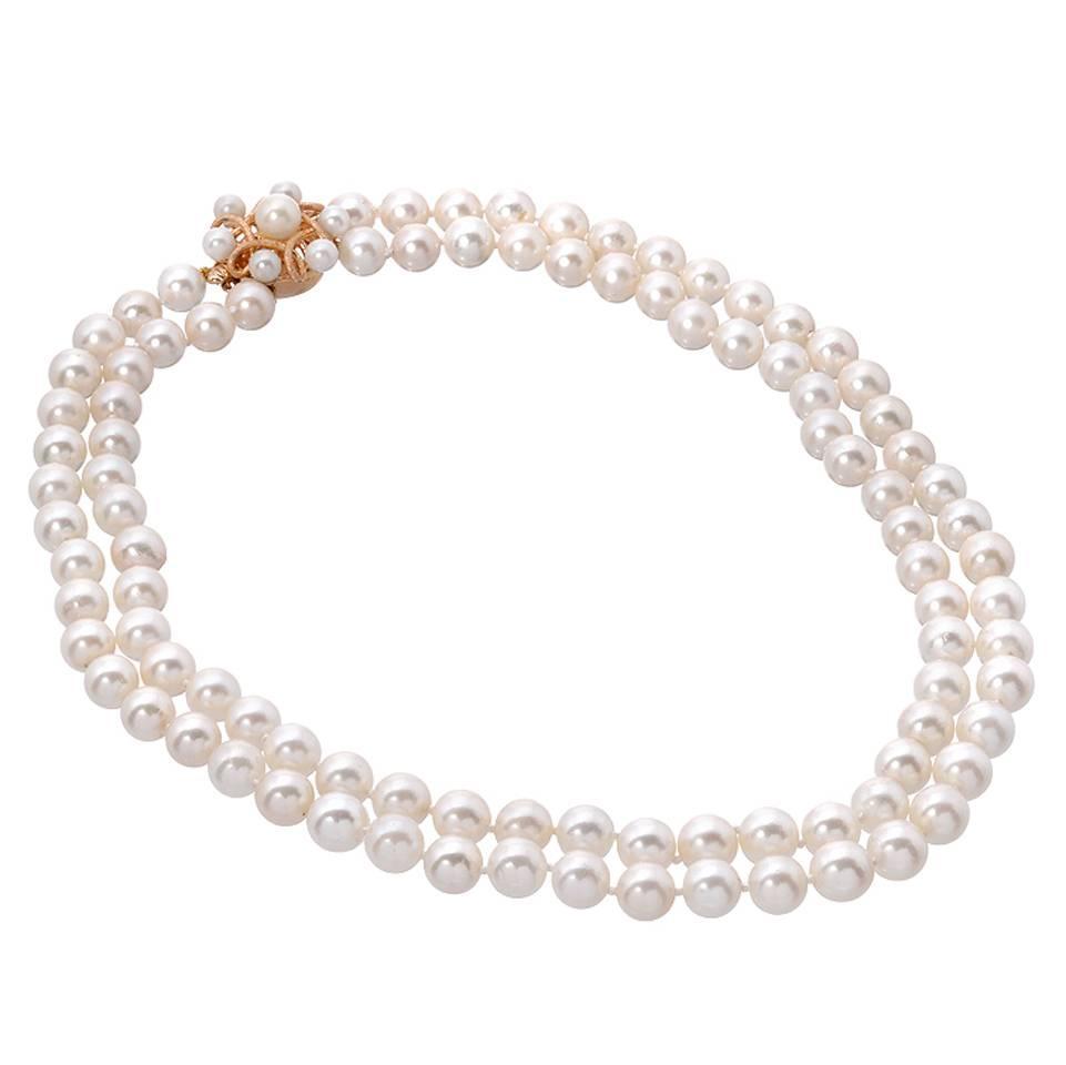 Akoya Pearl Double Strand Necklace For Sale at 1stdibs