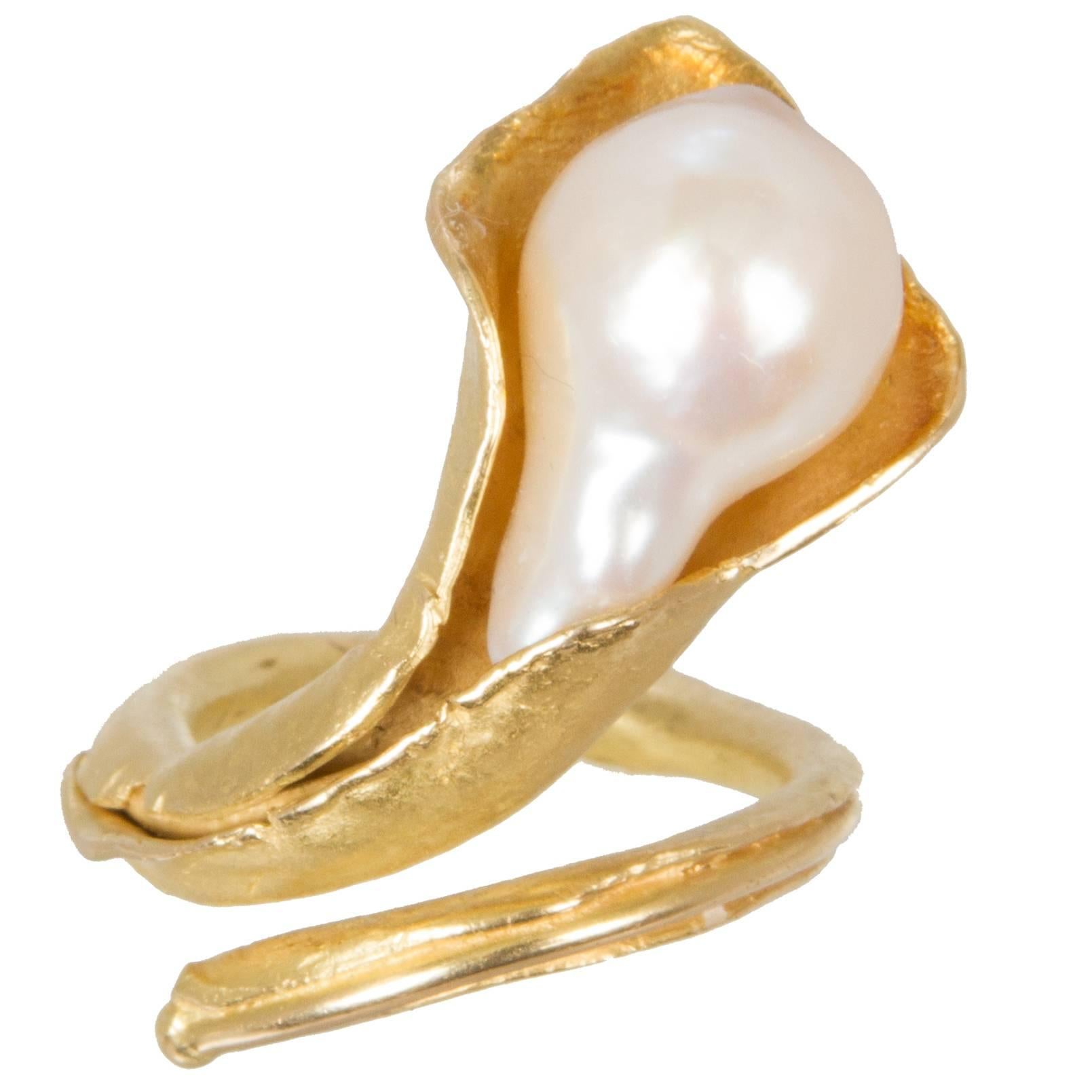Large Unique Studio Gold and Pearl Ring For Sale