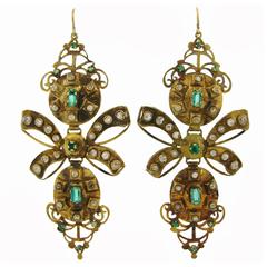 Iberian Antique Emerald Diamond Gold Chandelier Earrings