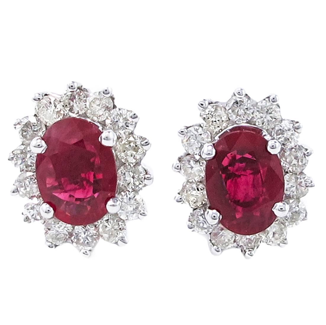 Oval Cut Ruby Diamond White Gold Earrings  
