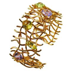 Jona Multi Gem Wavy Gold Grid Cuff Bracelet 4
