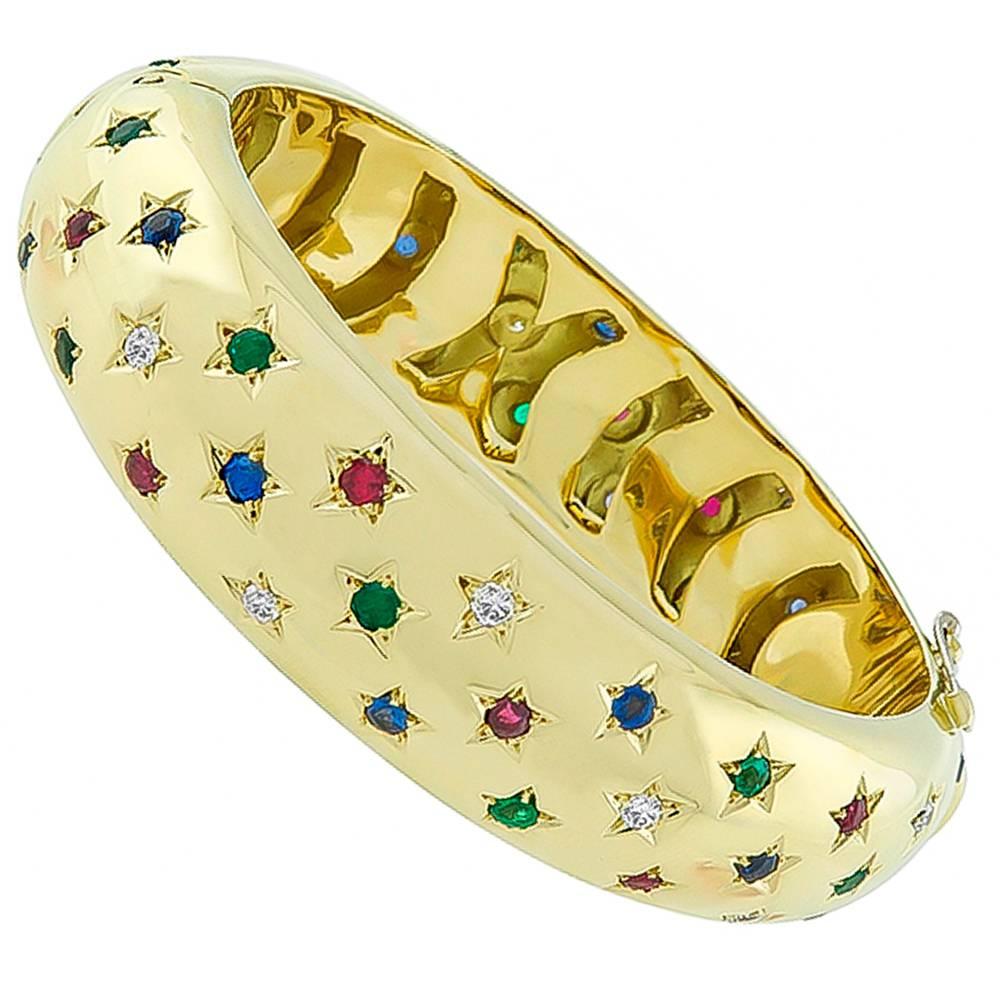 Enticing Multi-Color Stone Gold Bangle Bracelet