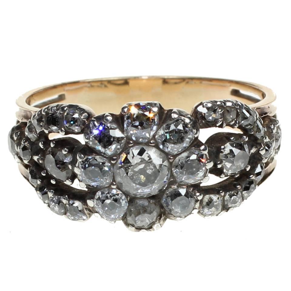  Georgian Old Cut Diamond Gold Silver Ring For Sale
