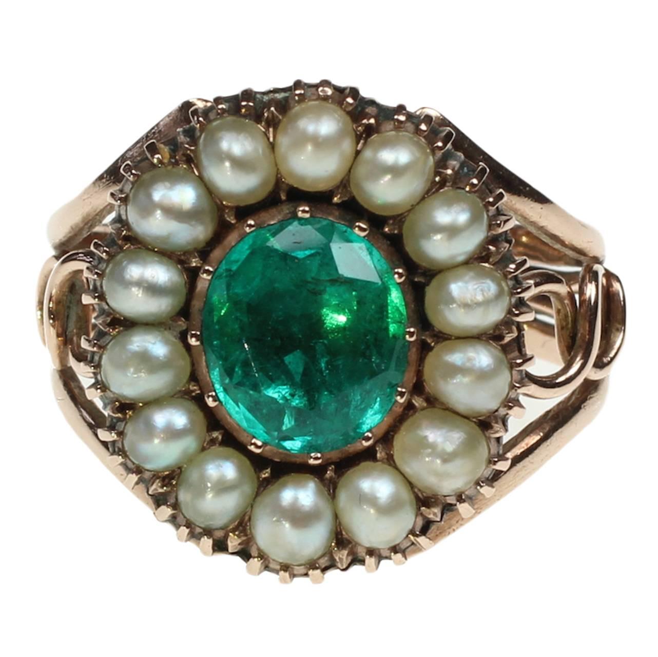 Georgian Oval Cut Emerald Pearl Gold Cluster Ring For Sale