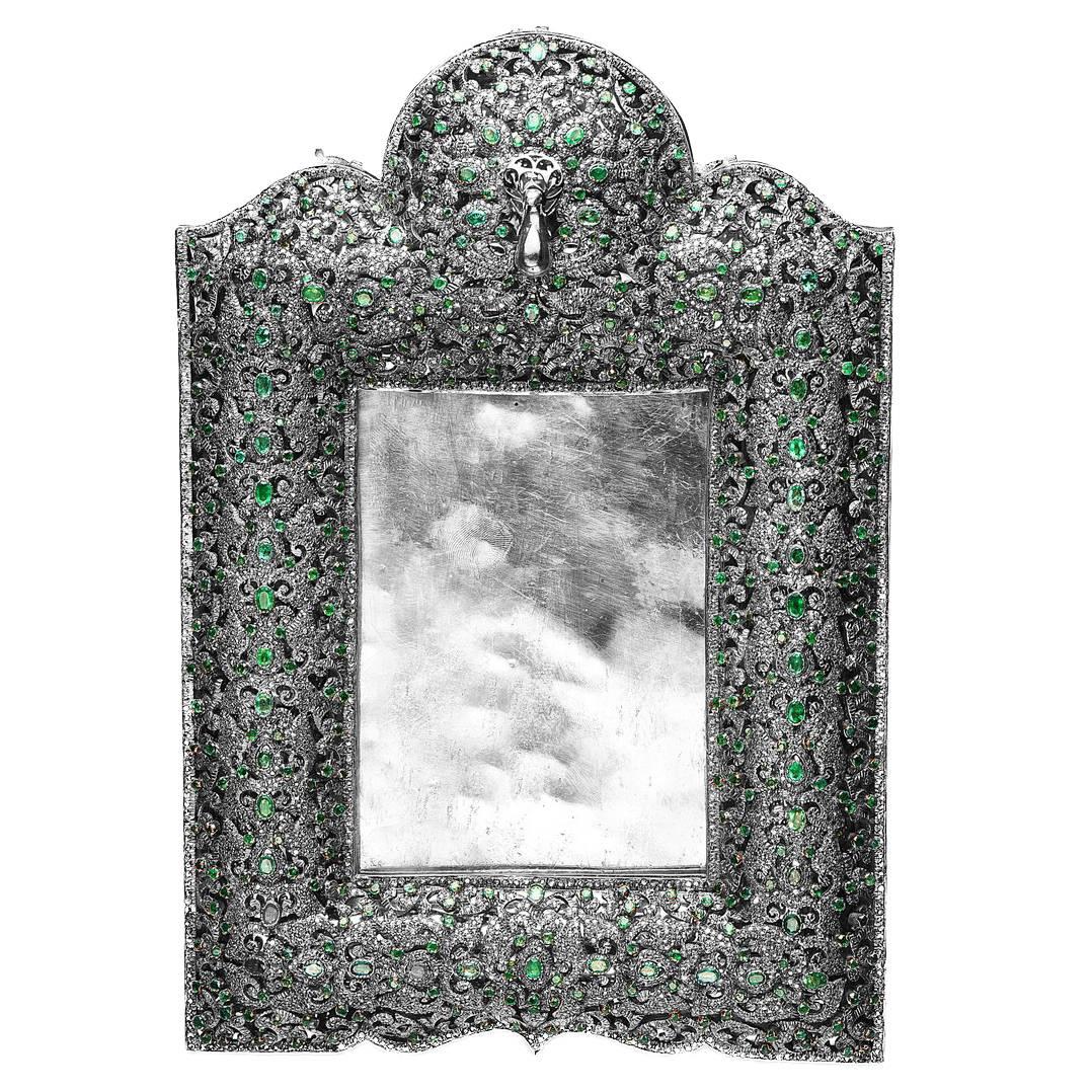 Emerald Diamond Studded Floral Motif Photo Frame For Sale