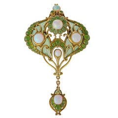 Marcus & Co. Art Nouveau White Opal, Chrysoprase, Enamel and Gold Pendant Brooch