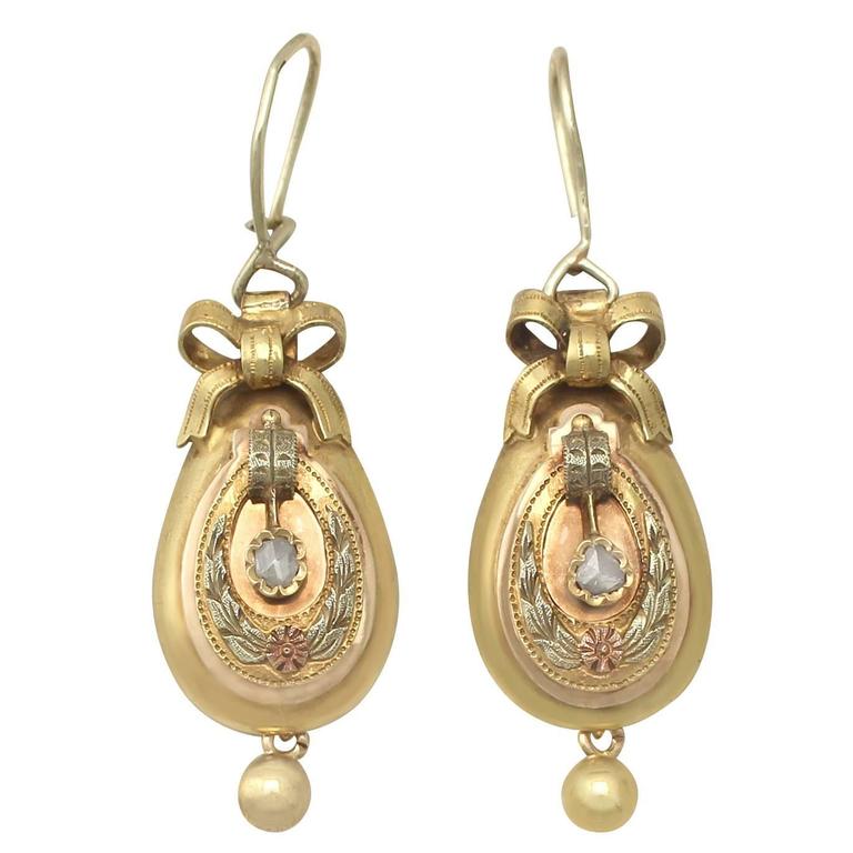 0 12 Ct Diamond And 14k Yellow Gold Drop Earrings Antique Austrian 0 12 Ct Diamond And 14k Yellow Gold Drop Earrings Antique Austrian Circa 1880 For