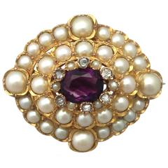 1.42Ct Amethyst, 0.18Ct Diamond and Tay Pearl, 9k Yellow Gold Brooch - Antique