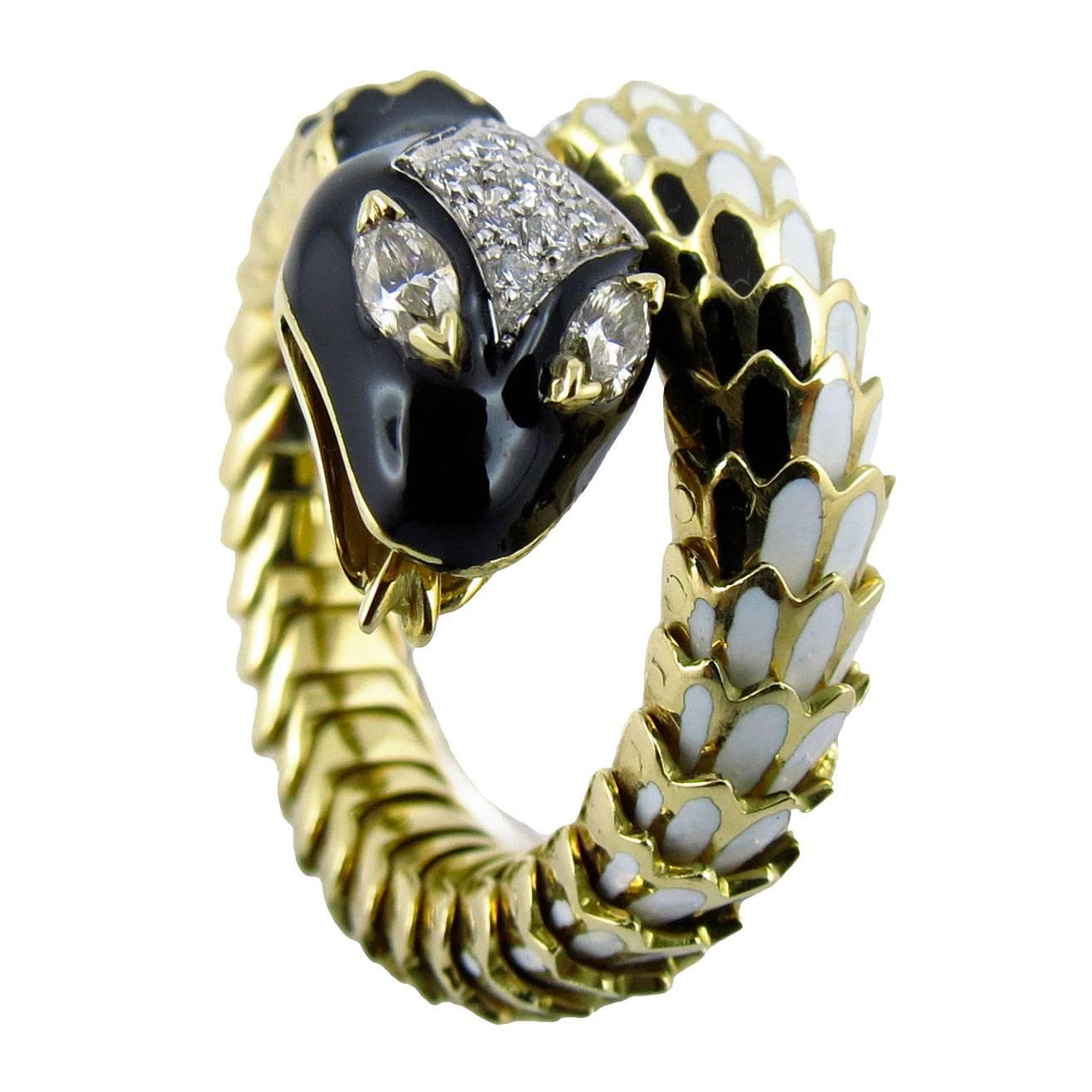 Jona Black Enamel White Diamond 18 Karat Yellow Gold Flexible Coil Snake Ring