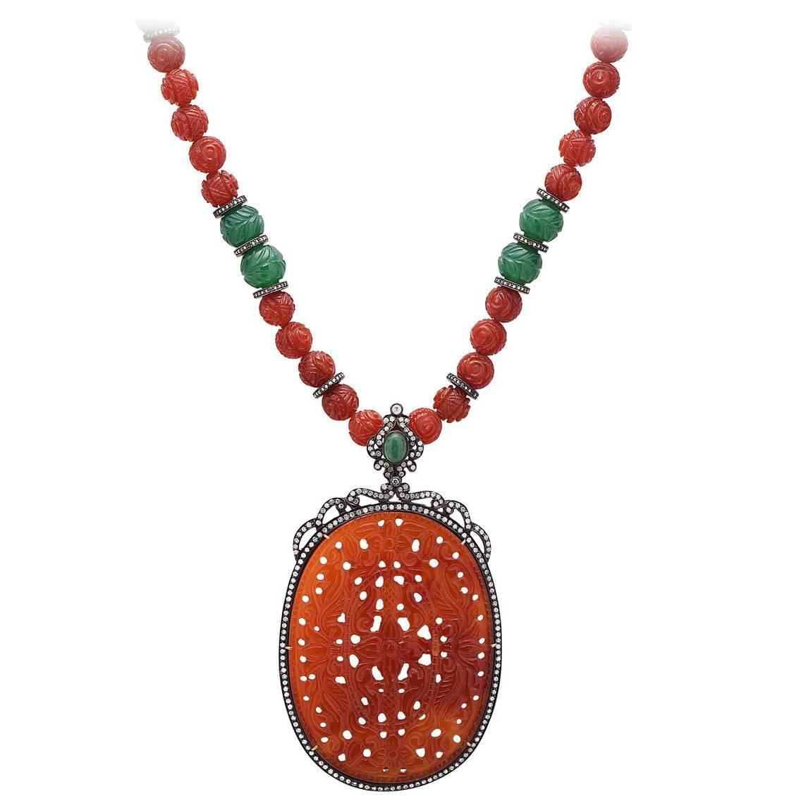 Carved Agate and Onyx Beaded Necklace with Diamonds In Silver